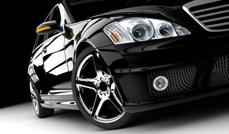 Black luxury car with chrome rims, glossy finish.