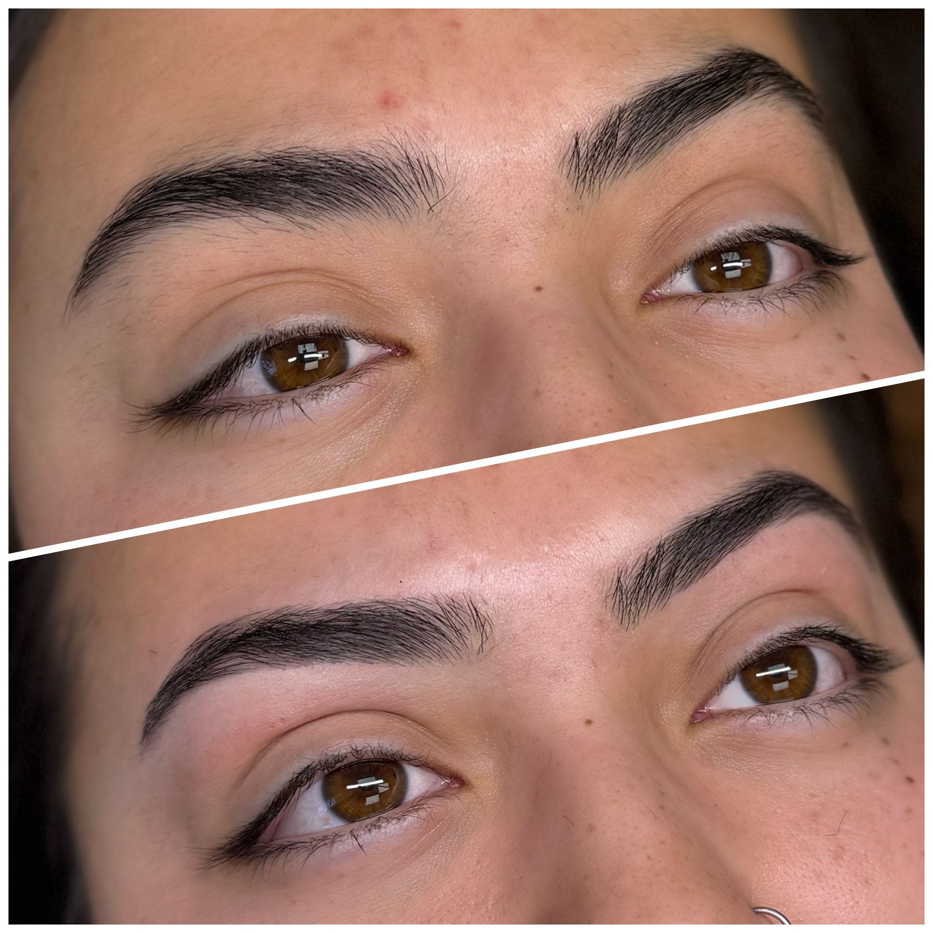 Comparison of eyebrows before and after microblading, dark brown eyes, and angled eyeliner.