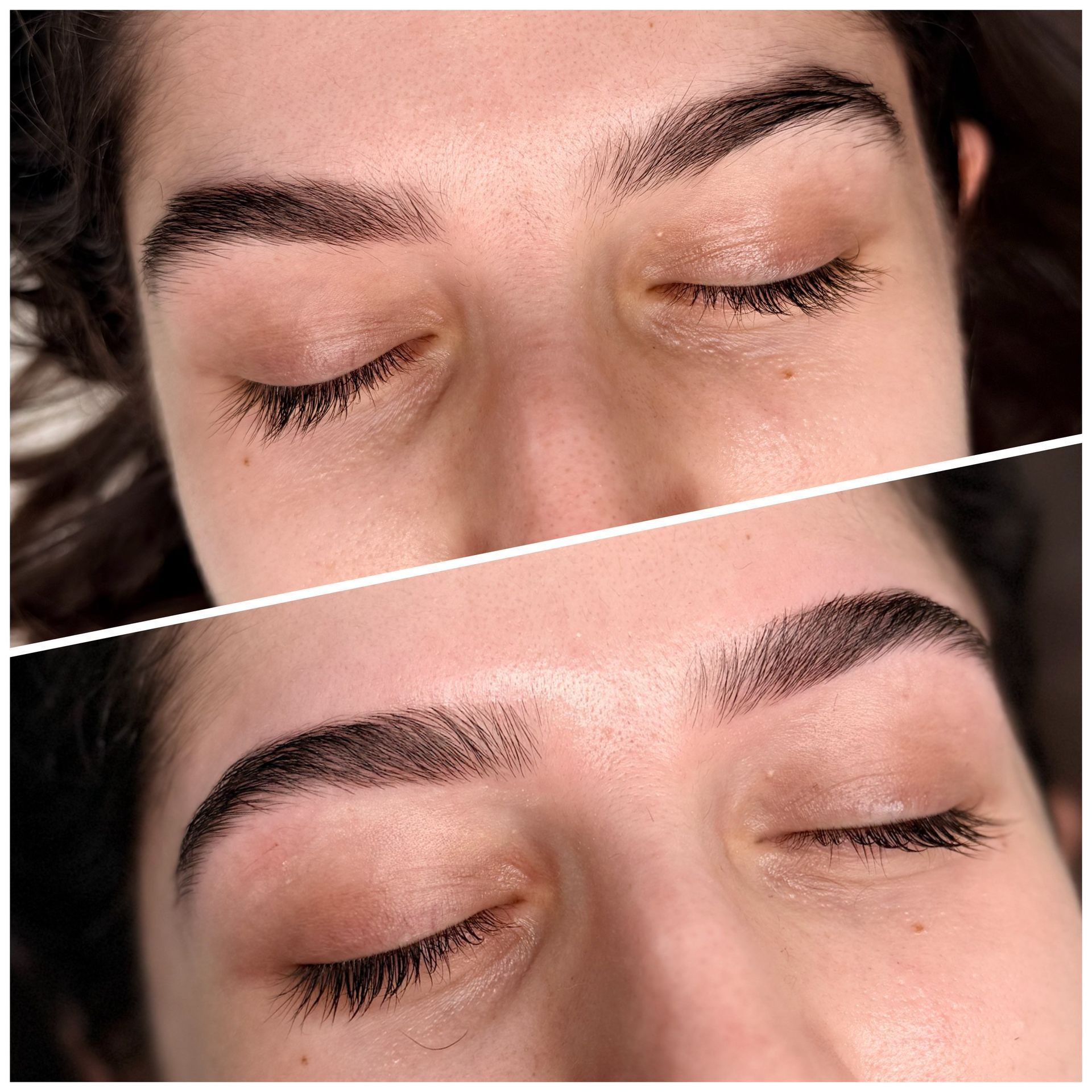 Two images, brows before and after lamination, darker and fuller.