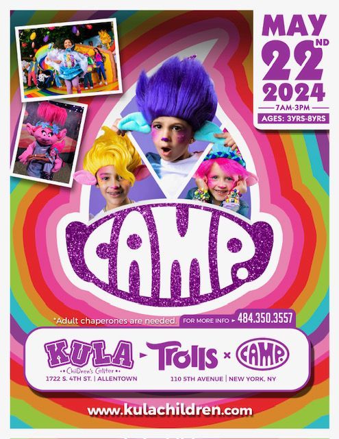 A poster for a trolls camp taking place on may 22nd 2024
