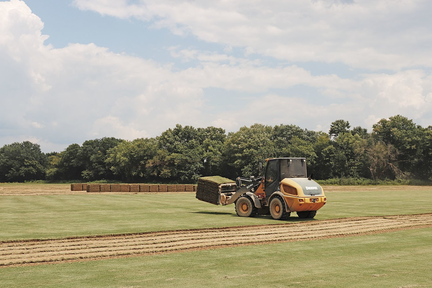 Yellow loader carrying hay bales on a green field. Trees and cloudy sky in the background.