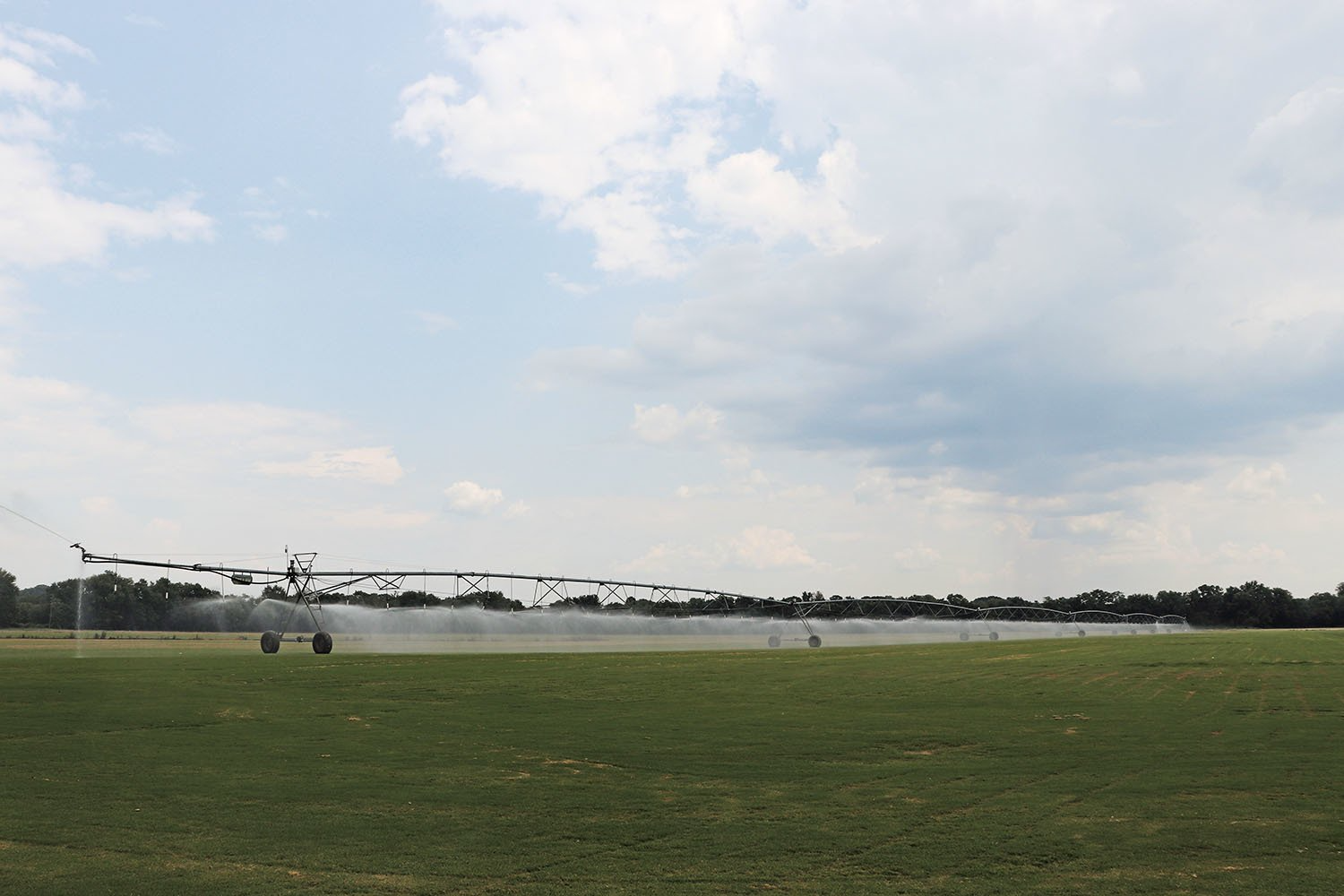 Agricultural irrigation system spraying water on a green field under a cloudy sky.
