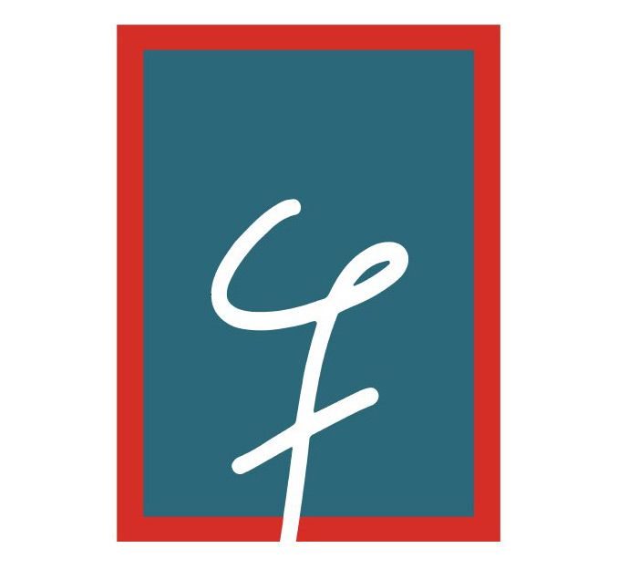 White script "F" inside blue rectangle with red border.