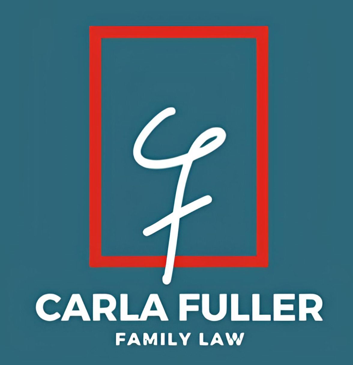 Logo for Carla Fuller Family Law. White stylized "CF" in red outlined box, teal background.