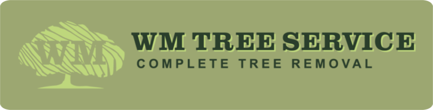 WM Tree Service logo with green tree icon and text &ldquo;Complete Tree Removal&rdquo; on olive background