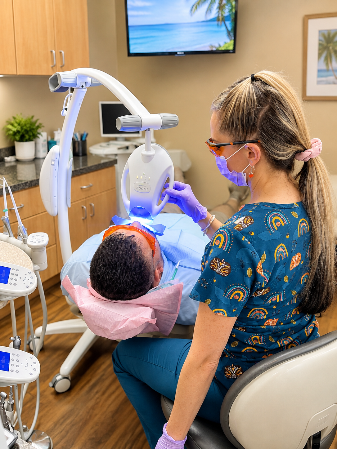 Dentist using a curing light on a patient in a dental clinic, with a monitor and chair nearby