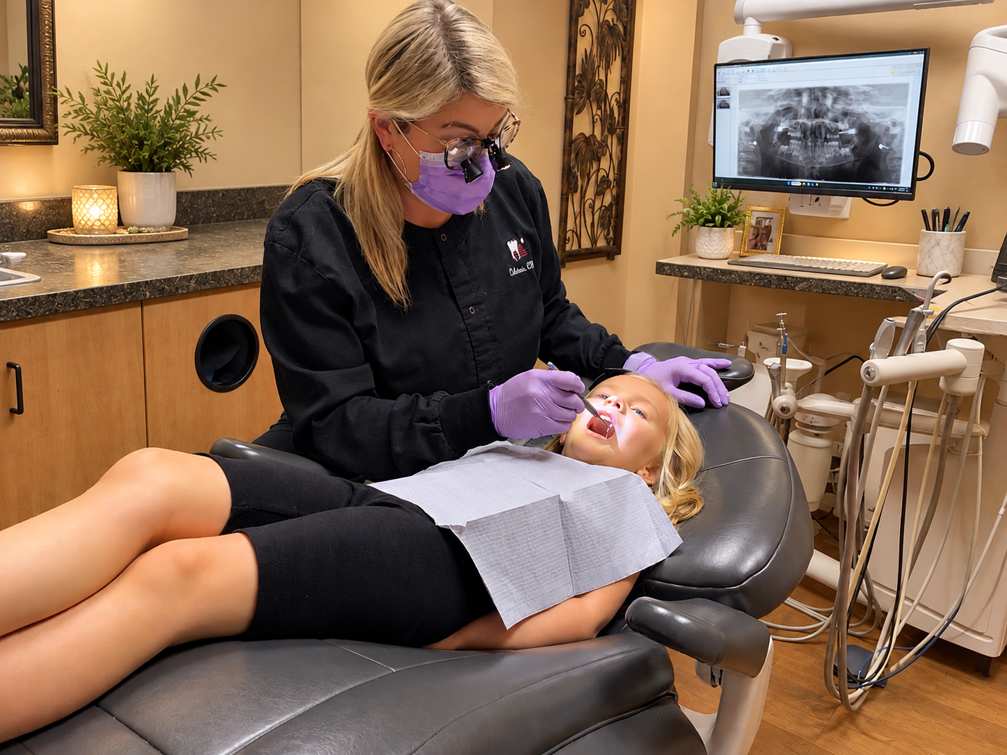 Dental hygienist cleaning a patient’s teeth in a treatment room, with a monitor and dental tools nearby.