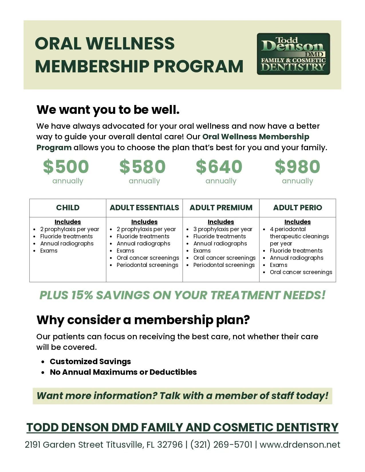 Oral wellness membership program flyer with pricing tiers and benefits for Todd Denson DMD family and cosmetic dentistry