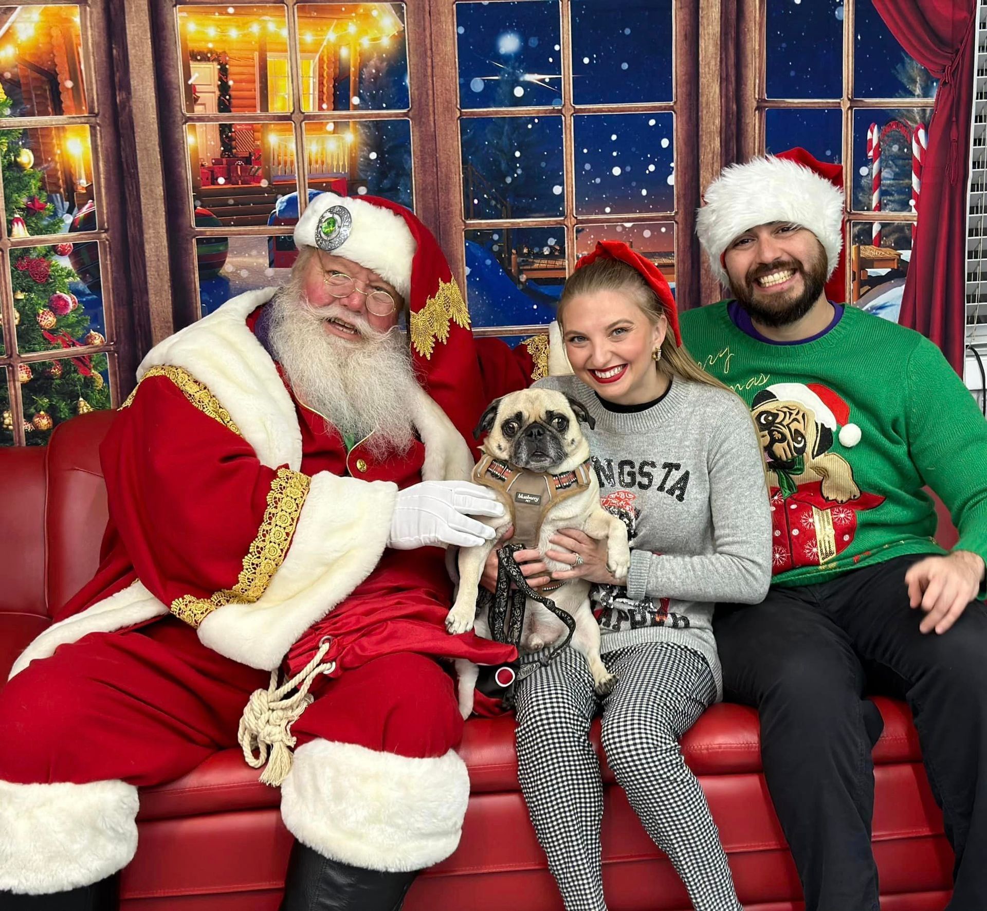 Santa Claus with a couple and their two dogs, all wearing festive attire, posing on a red couch.