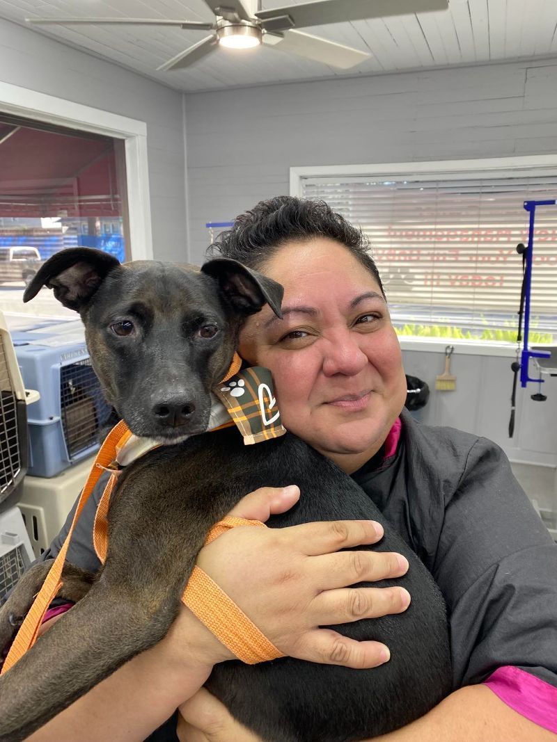Woman hugging a black dog with an orange leash and collar. They are indoors.