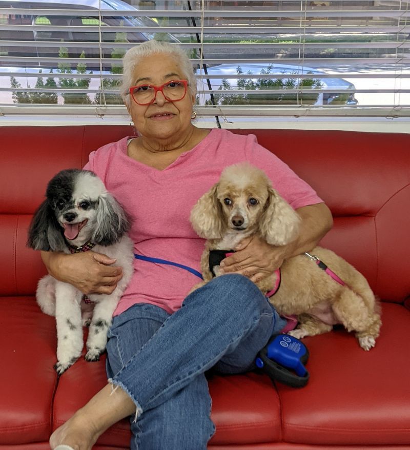 Woman with glasses sits on red couch, holding two poodles. One is black and white, the other tan.