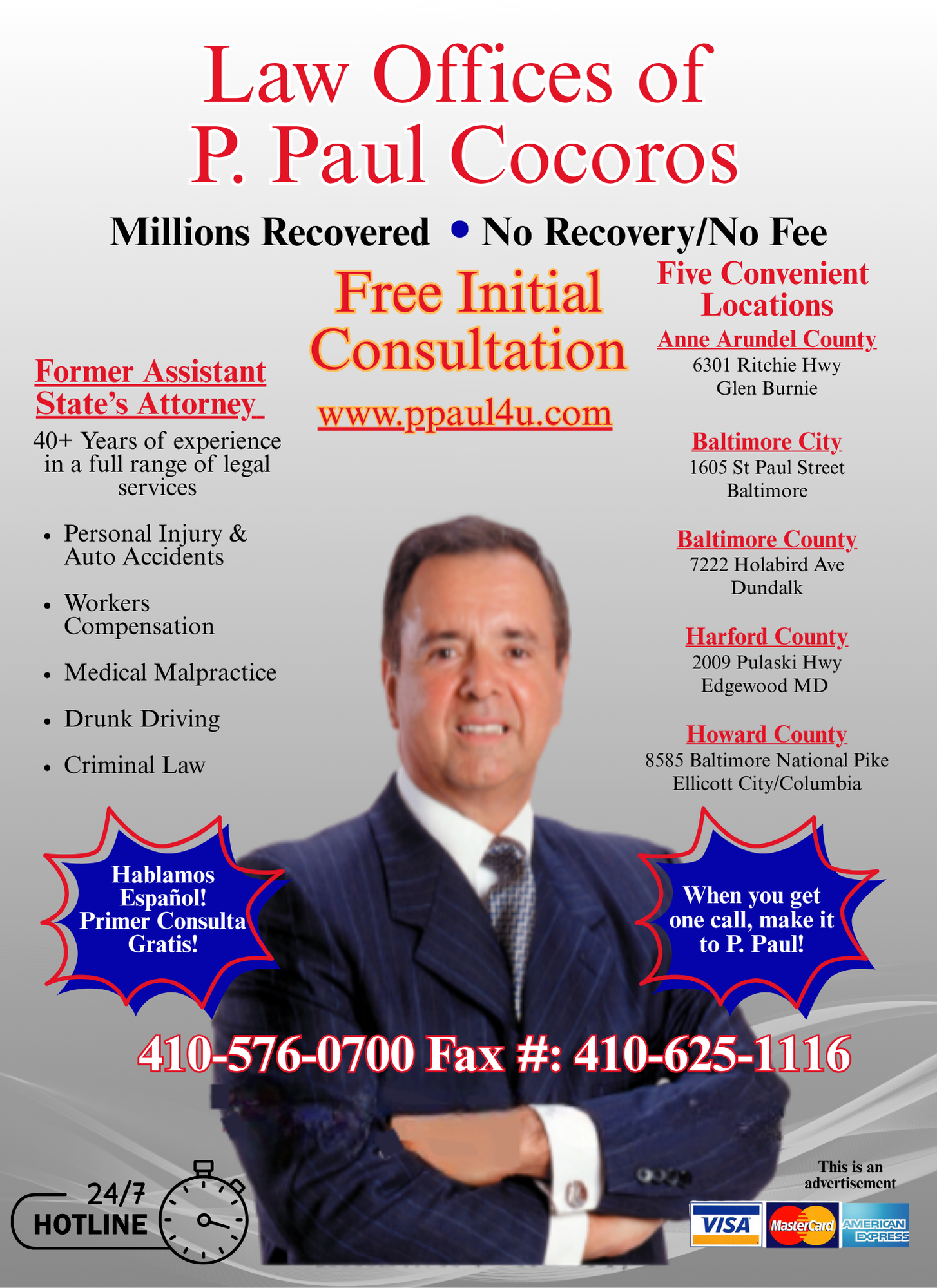 An advertisement for law offices of p. paul cocoros