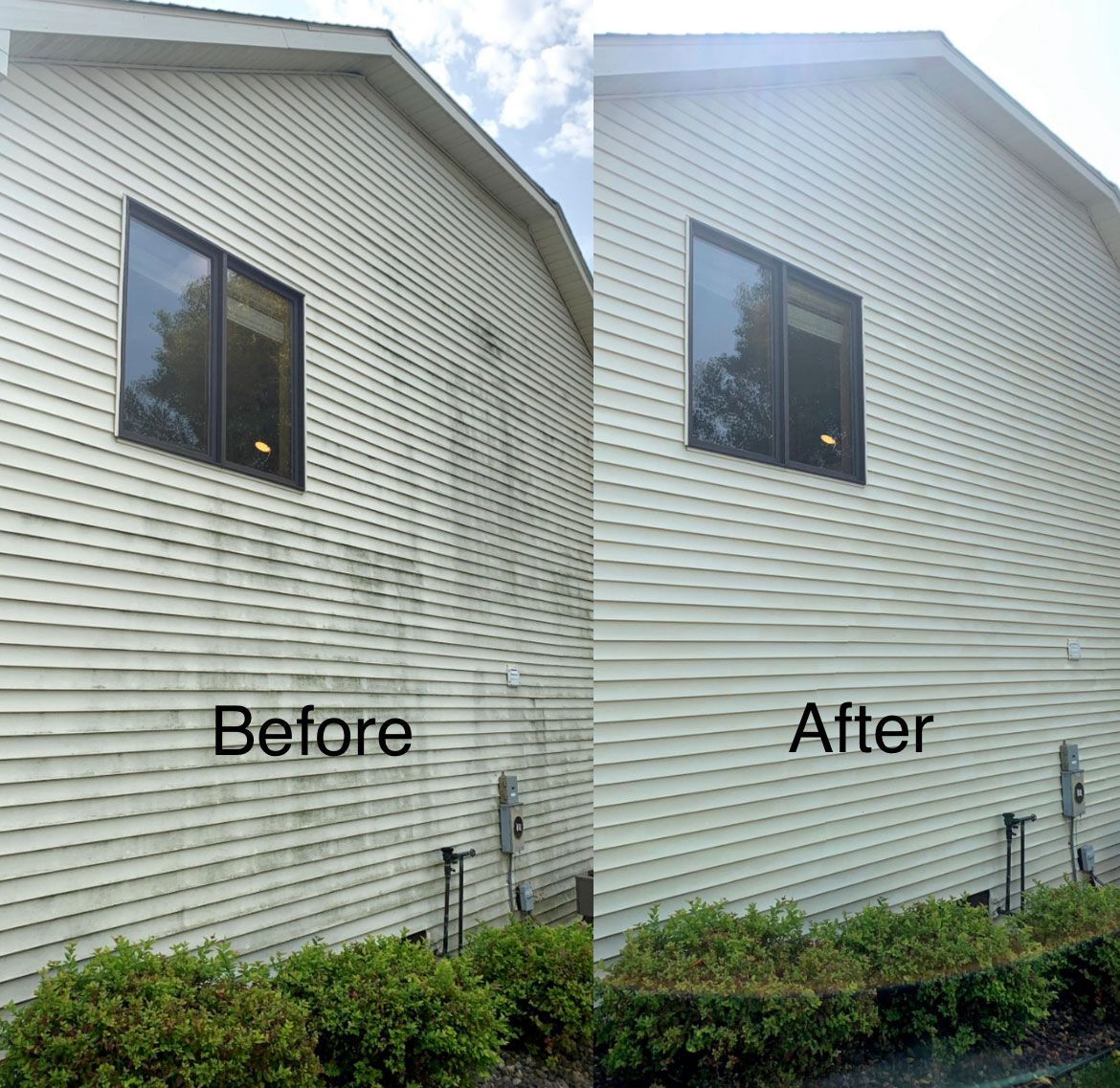 A before and after picture of a house 's siding being cleaned.