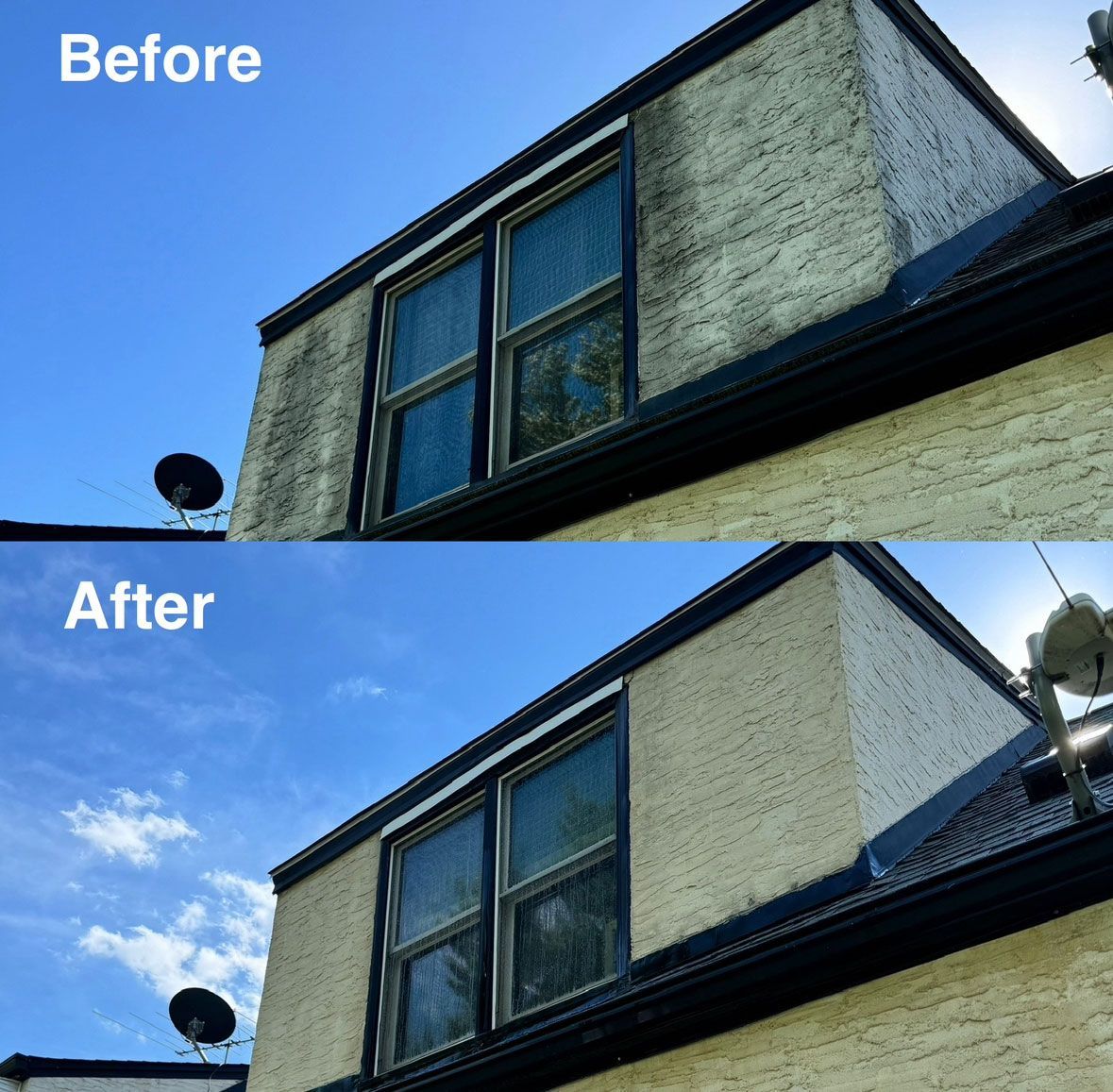 A before and after picture of a brick building