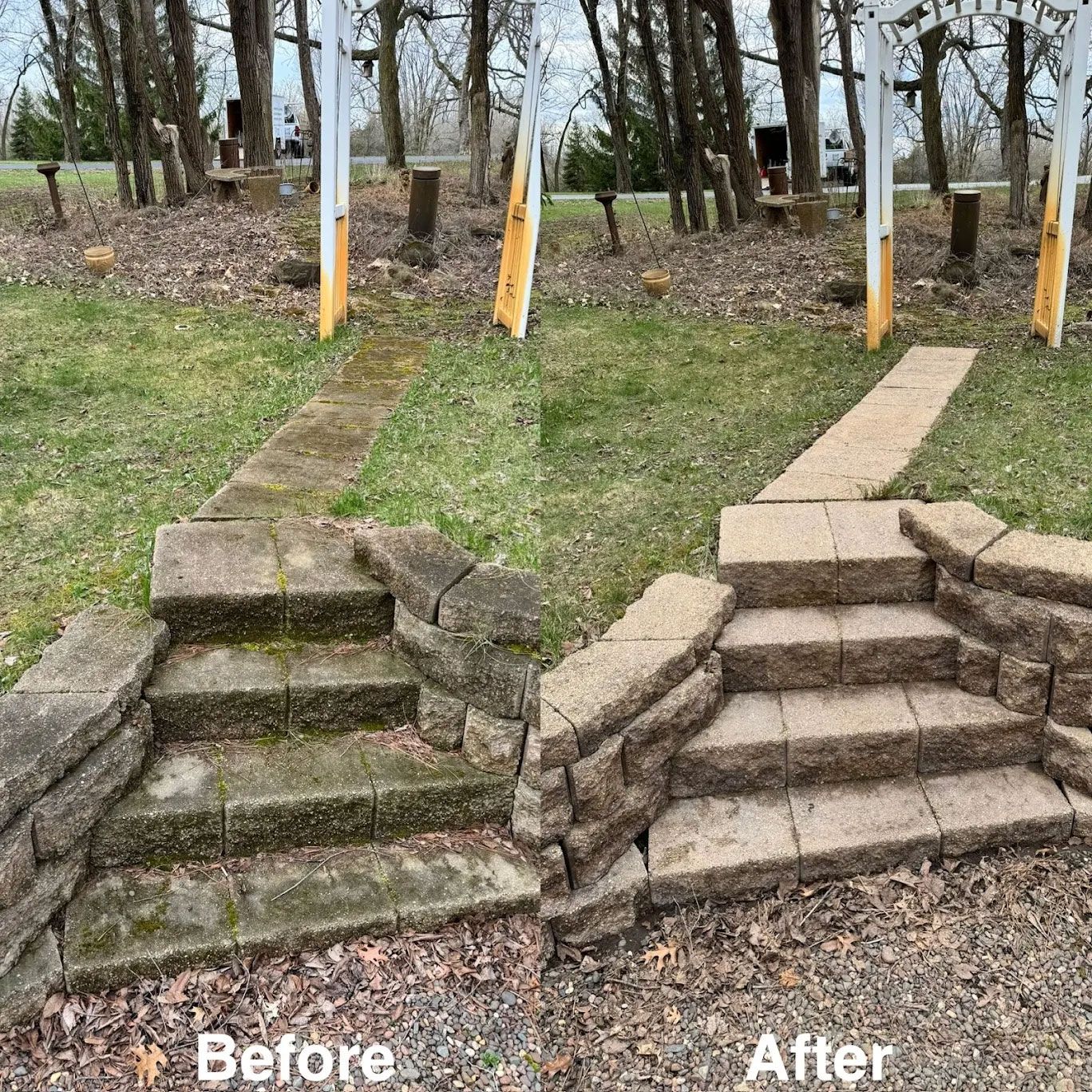 A before and after photo of a stone walkway and stairs.