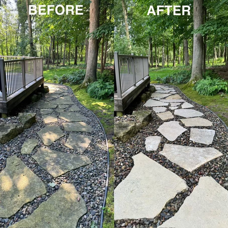 A before and after picture of a stone walkway.