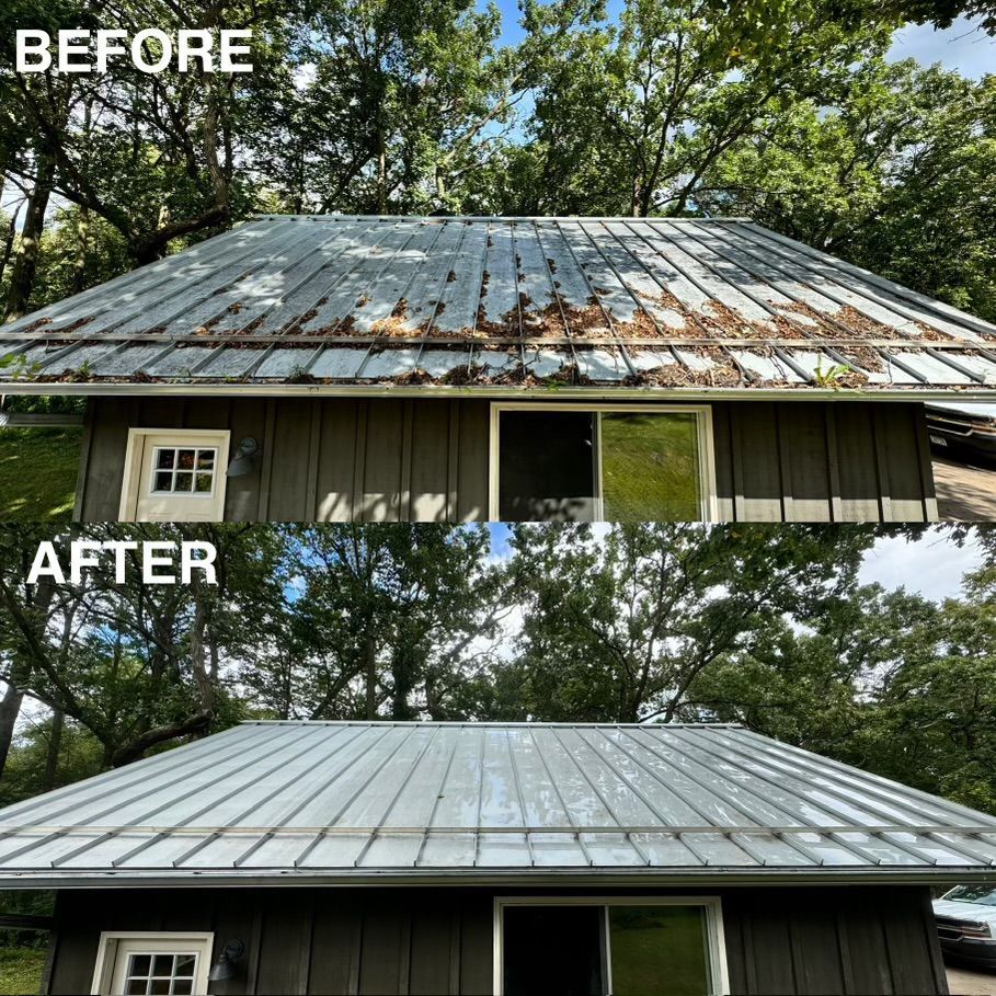 A before and after picture of a metal roof on a house.