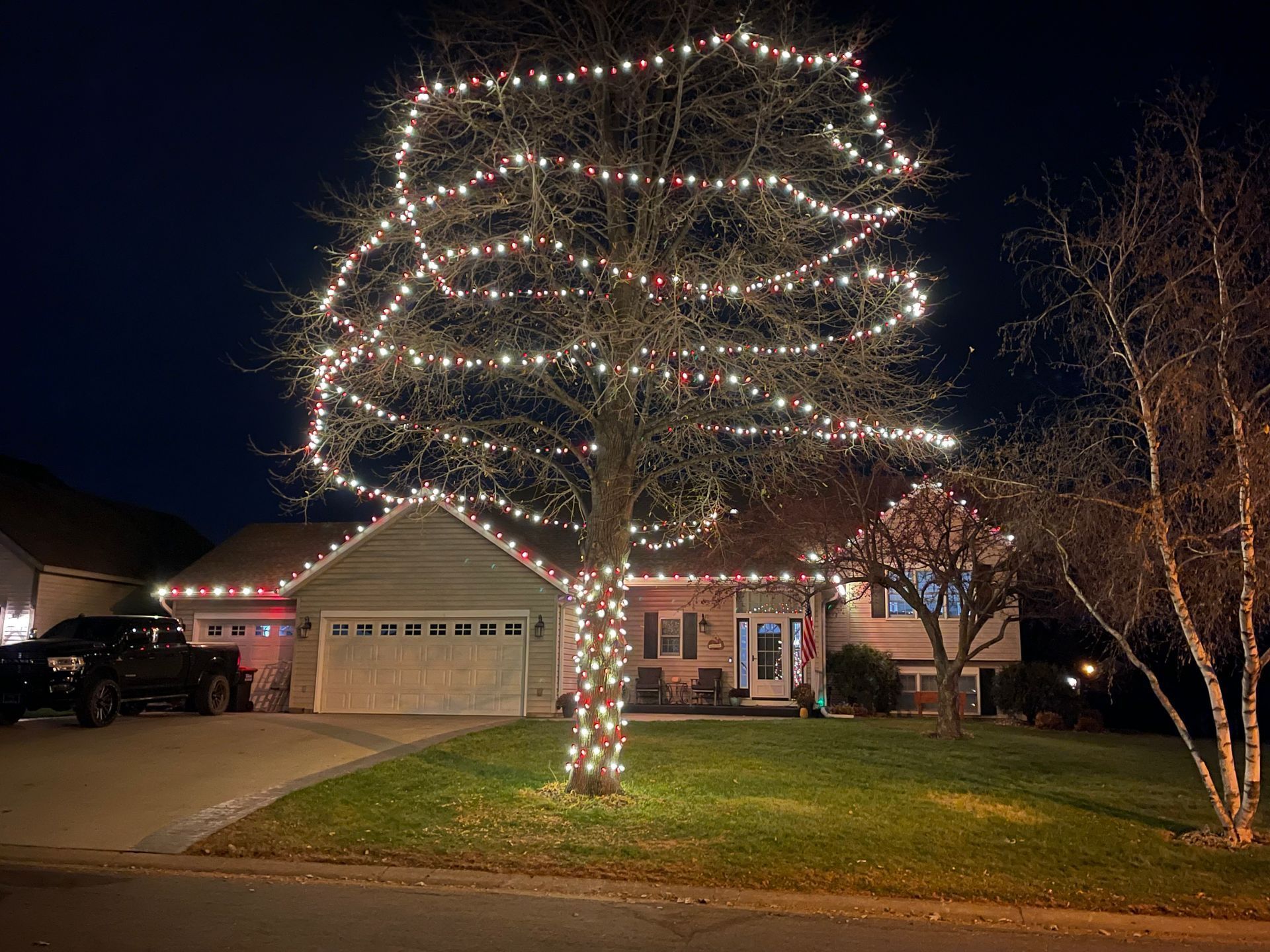 A tree is decorated with Christmas lights in front of a house.