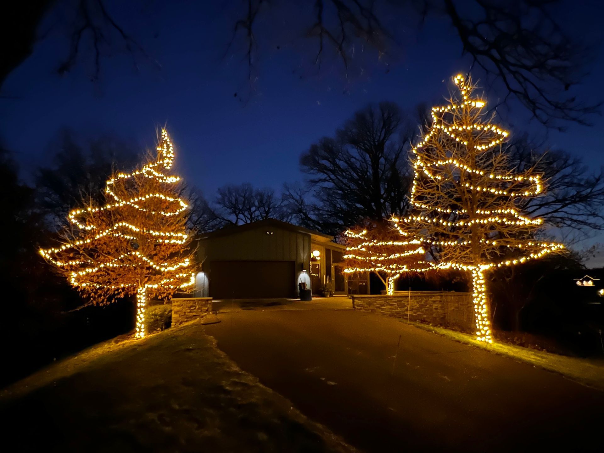 Three Christmas trees are lit up in front of a house.