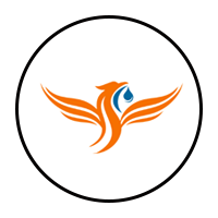 Orange phoenix logo with blue accent inside a black circle on a white background