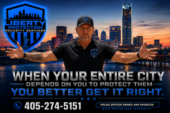 Police officer in black uniform in front of skyline with Liberty logo and text: &ldquo;When your entire city depends on you.&rdquo;