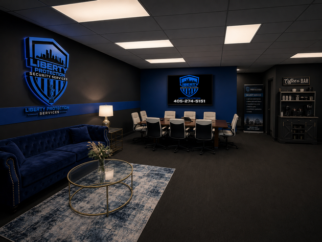 Blue-themed conference room with TV display, couch, chairs, and coffee table under recessed ceiling lights