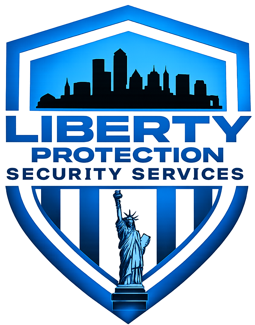 Liberty Protection Security Services shield logo with blue skyline and Statue of Liberty