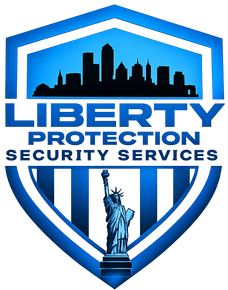 Liberty Protection Security Services shield logo with blue skyline and Statue of Liberty
