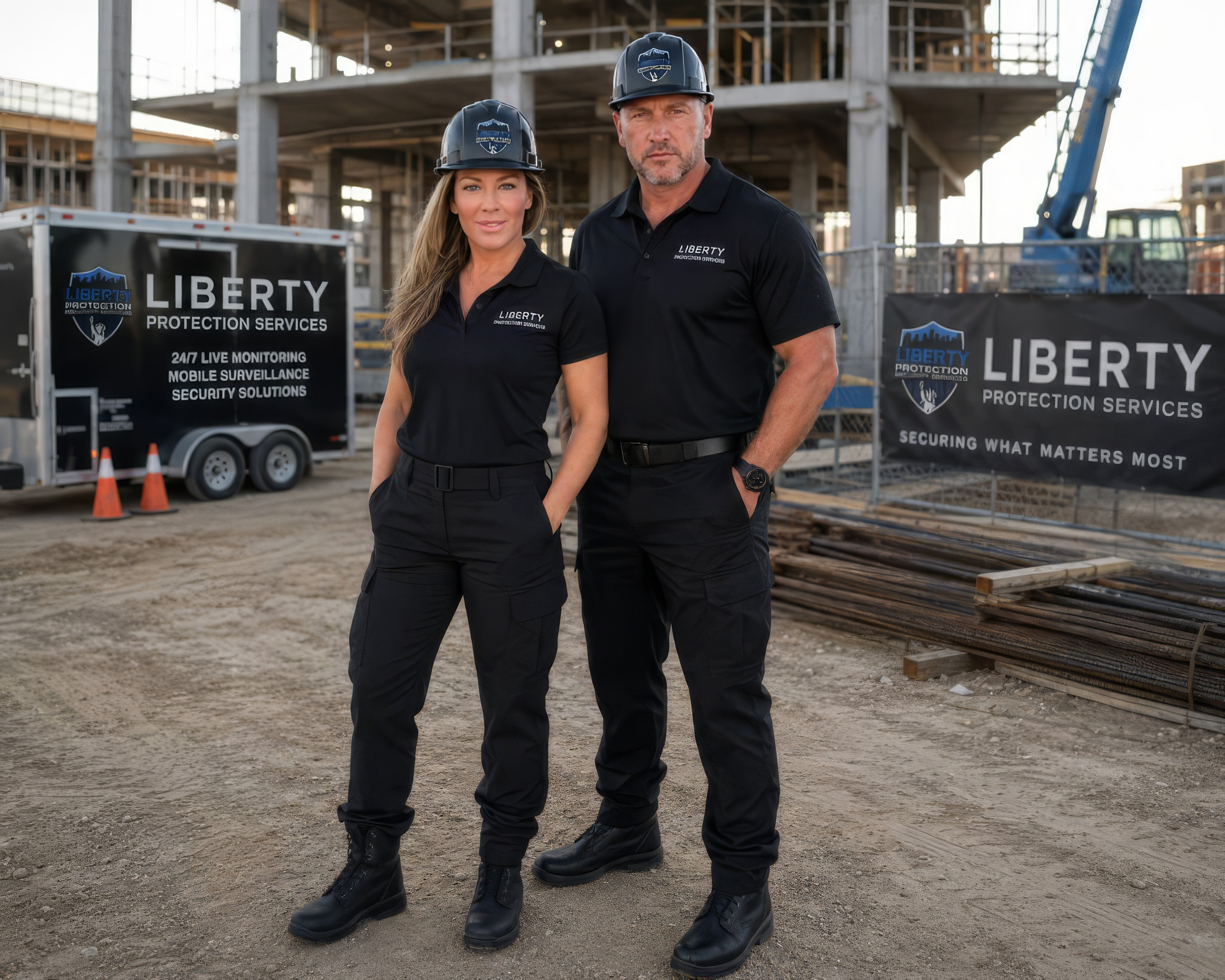 Founders Brandy and Les in black uniforms and hard hats stand at a construction site beside a Liberty truck.