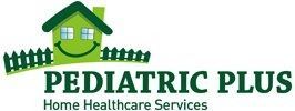 Logo of Pediatric Plus, green house with smiling face, fence, text.