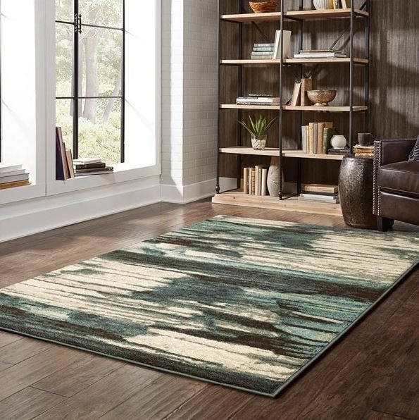 A living room with a rug on the floor and a bookshelf.