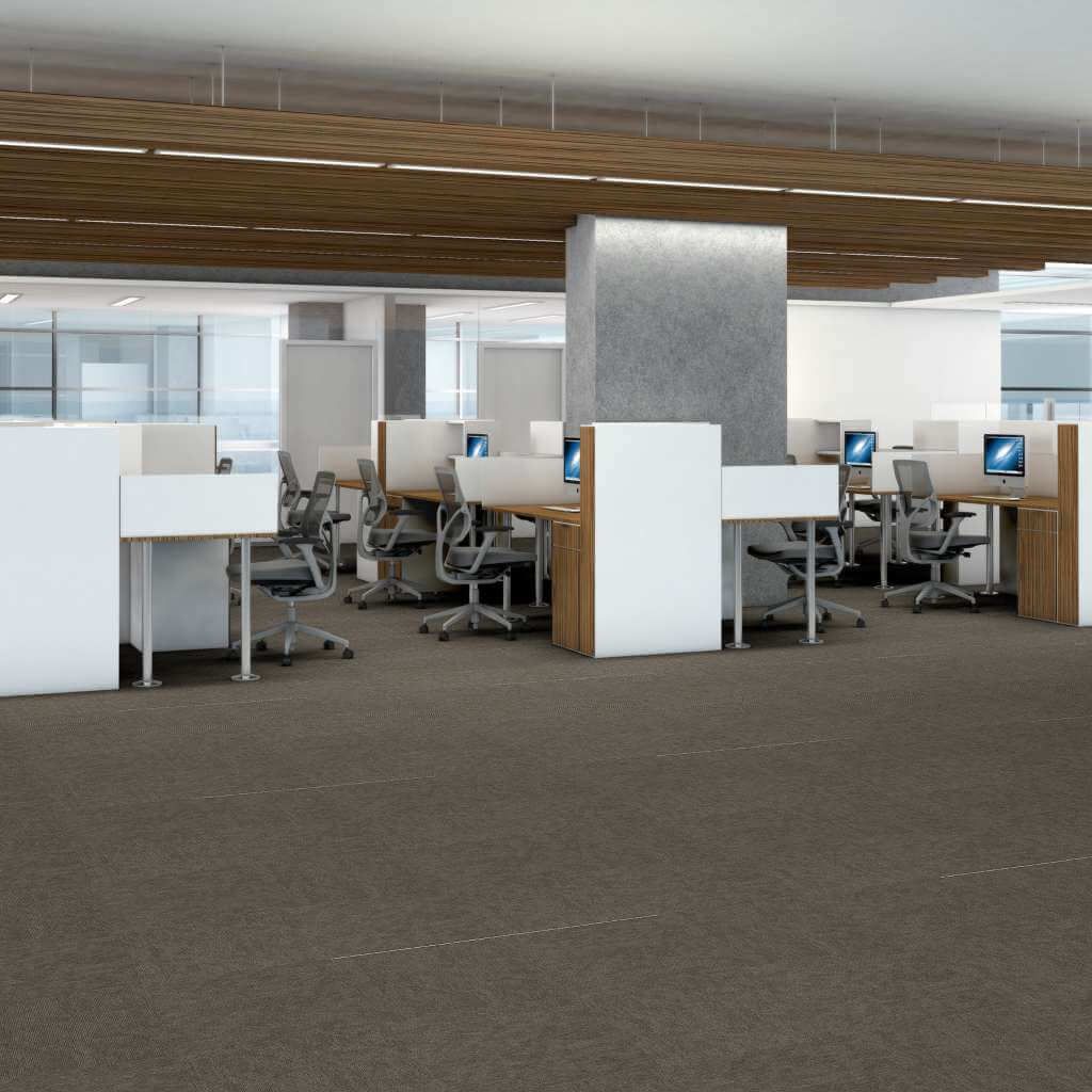 An artist 's impression of an office with cubicles and computers
