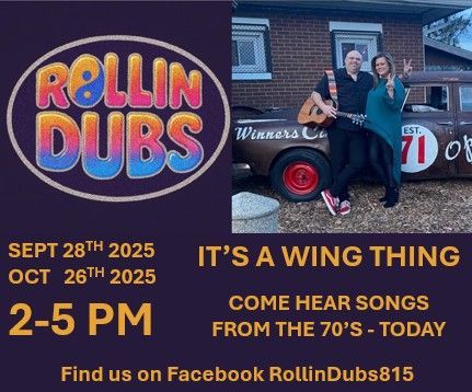 Band Rollin' Dubs performing 70's to today's songs. Purple background. Dates: Sept 28, Oct 26, 2025, 2-5pm.
