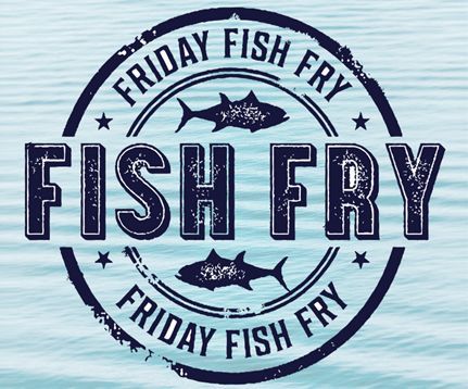 Fish Fry stamp graphic on water background.