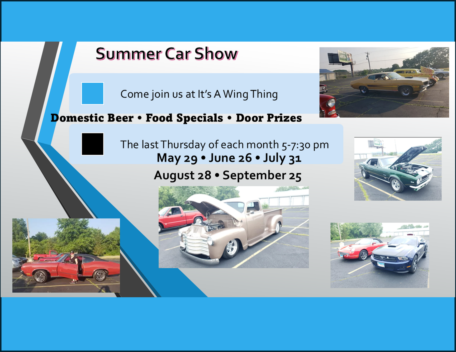 A poster for a summer car show shows cars parked in a parking lot