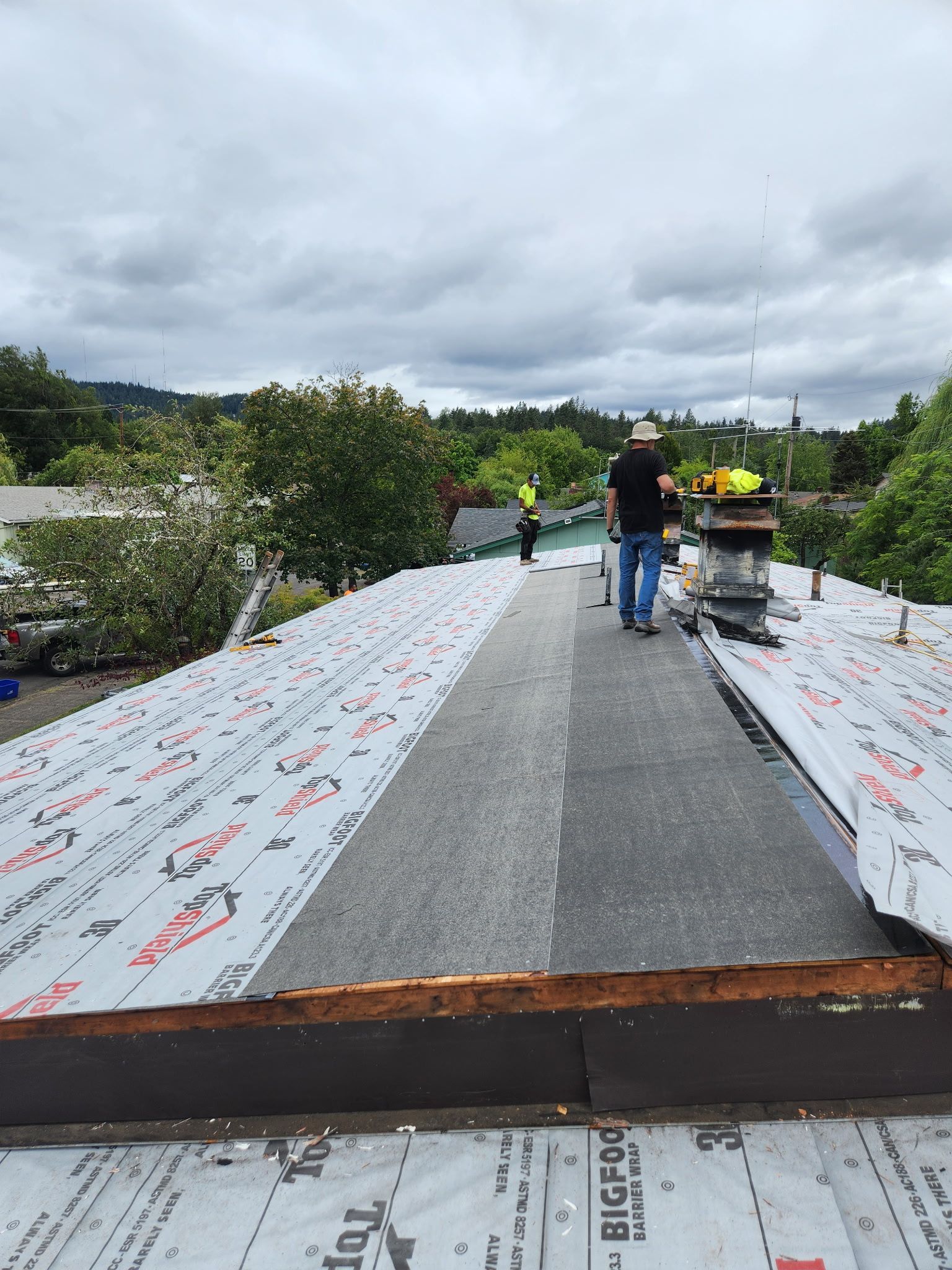 Two people on a roof covered in roofing material. Gray sky, trees in the background.