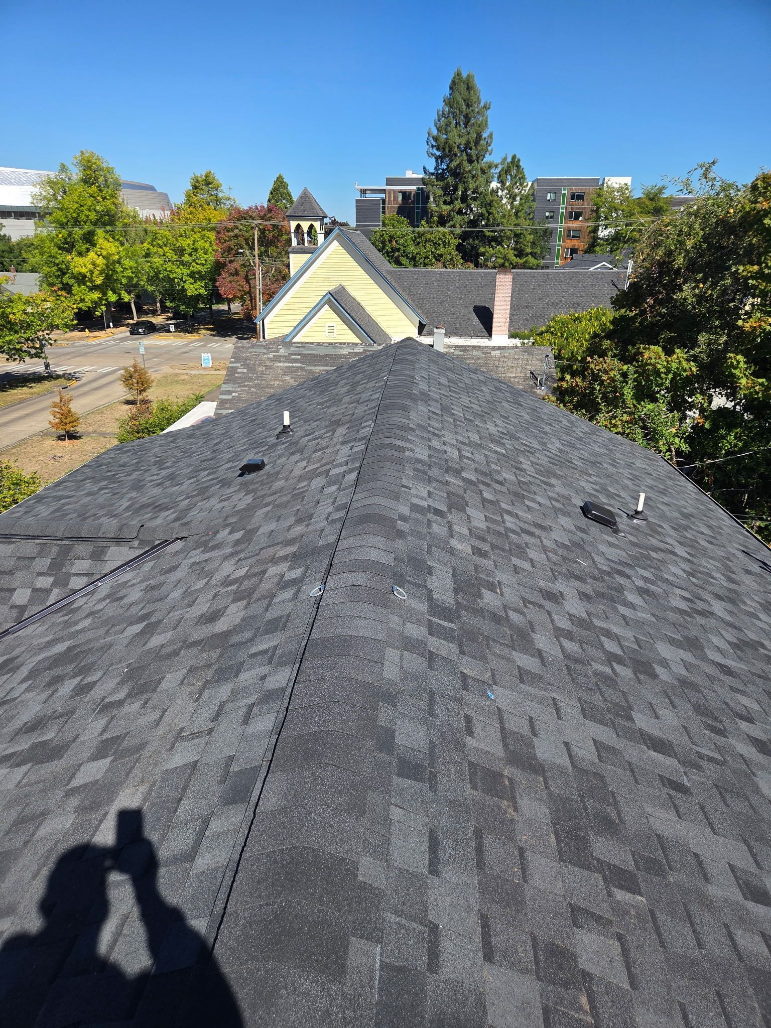 Dark shingle rooftop with multiple vents, view toward trees and buildings under a blue sky.