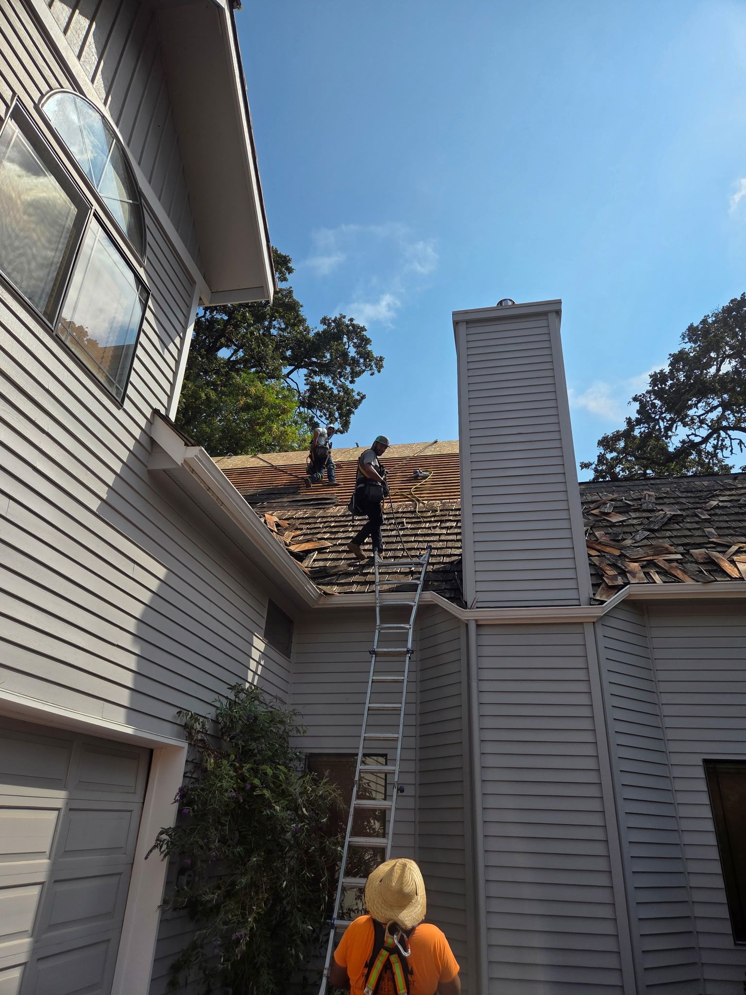 Workers on a roof, removing tiles and using a ladder. Gray house, blue sky, and green trees.