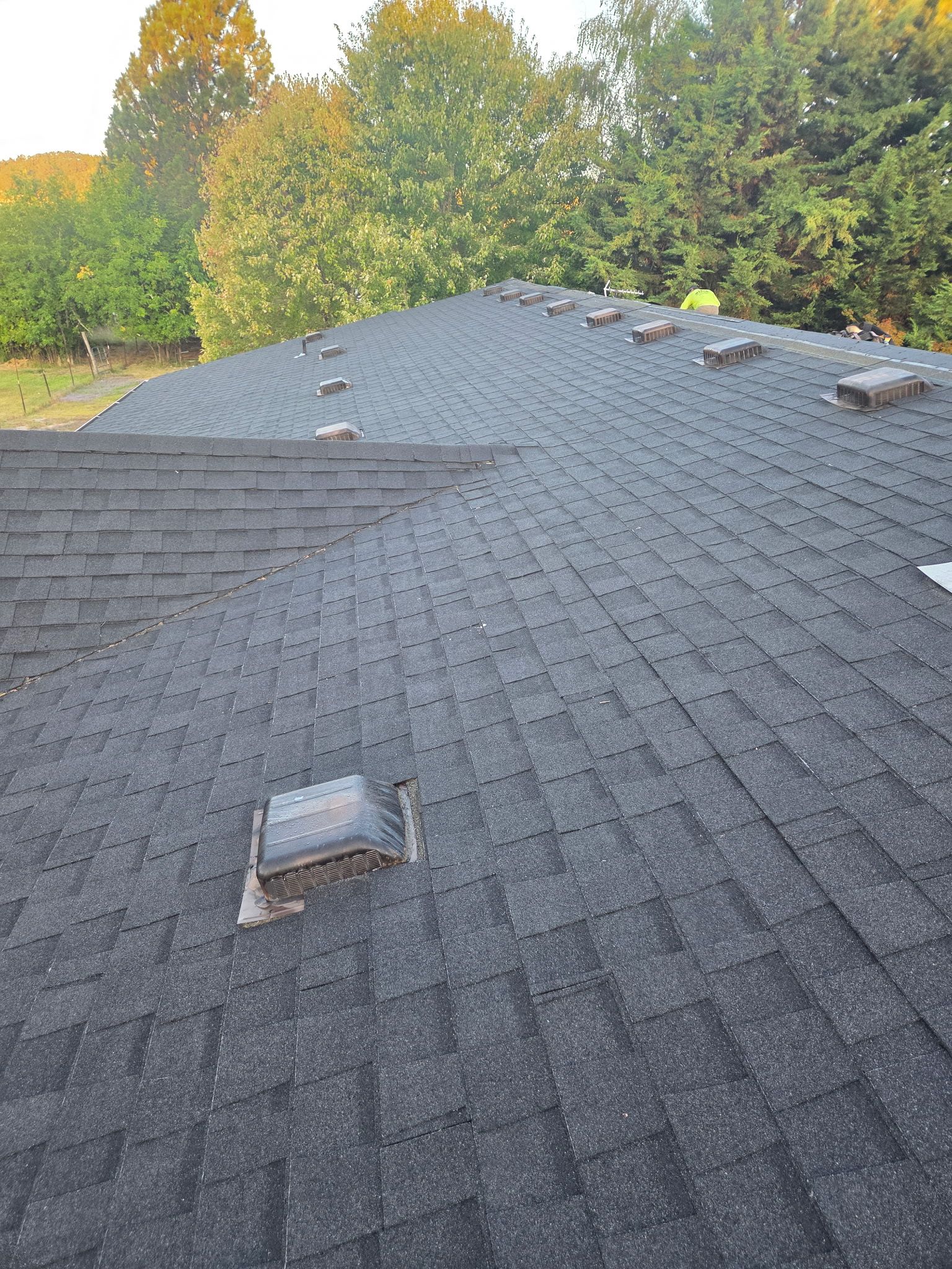 Dark shingled roof with multiple vent stacks and trees in the background.