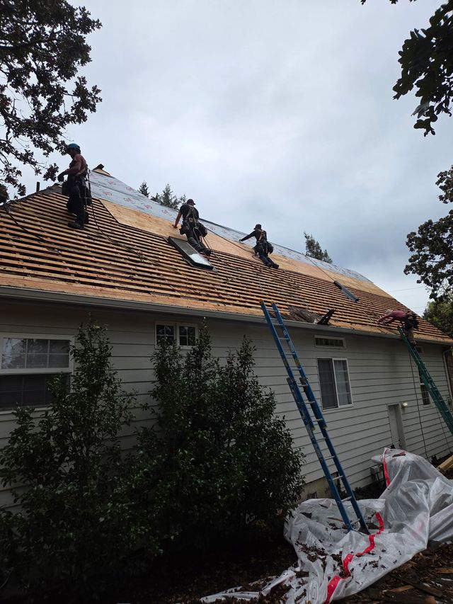 Roofers install new roof on a house under overcast sky, working on ladder, visible skylight.