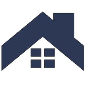 Dark blue house icon with roof and four-pane window.