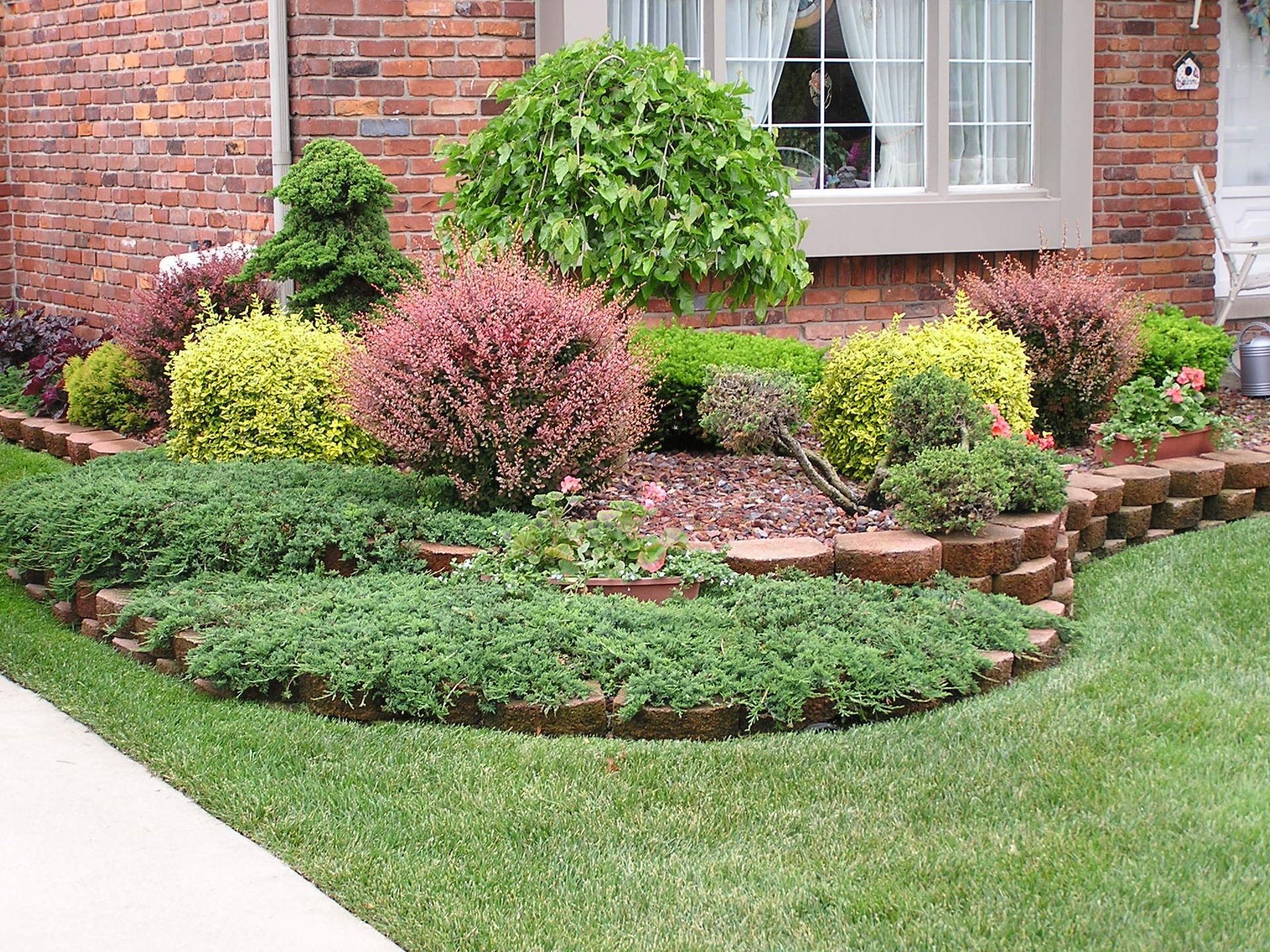 Brick-edged garden bed with various shrubs and ground cover in front of a brick house.