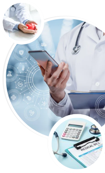 Doctor using tablet, stethoscope around neck, with medical icons, heart, and bill.