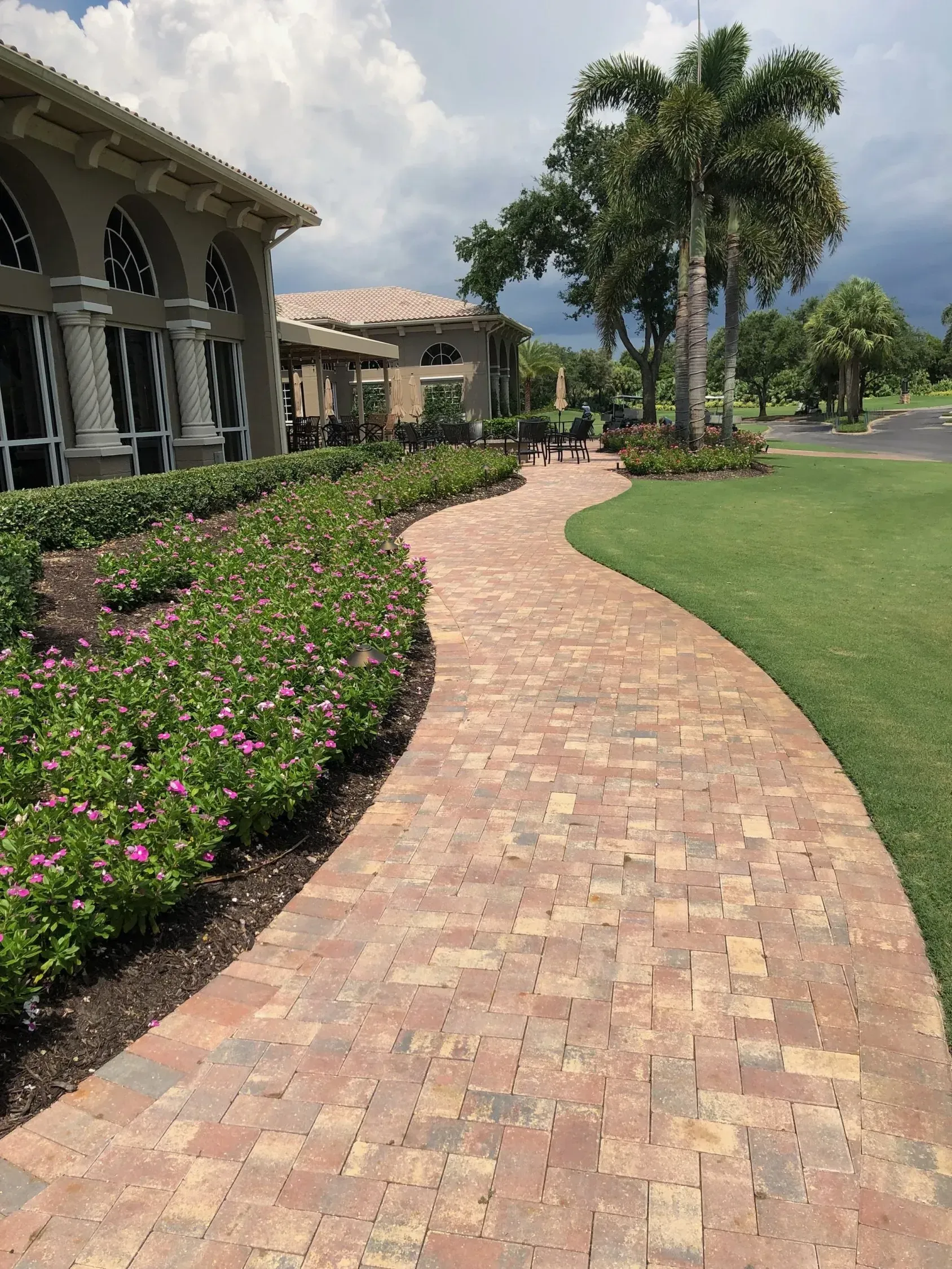 A brick walkway leading to a house with flowers and palm trees.