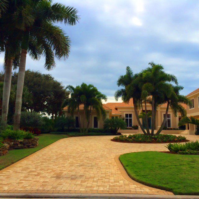 A brick driveway leading to a large house surrounded by palm trees