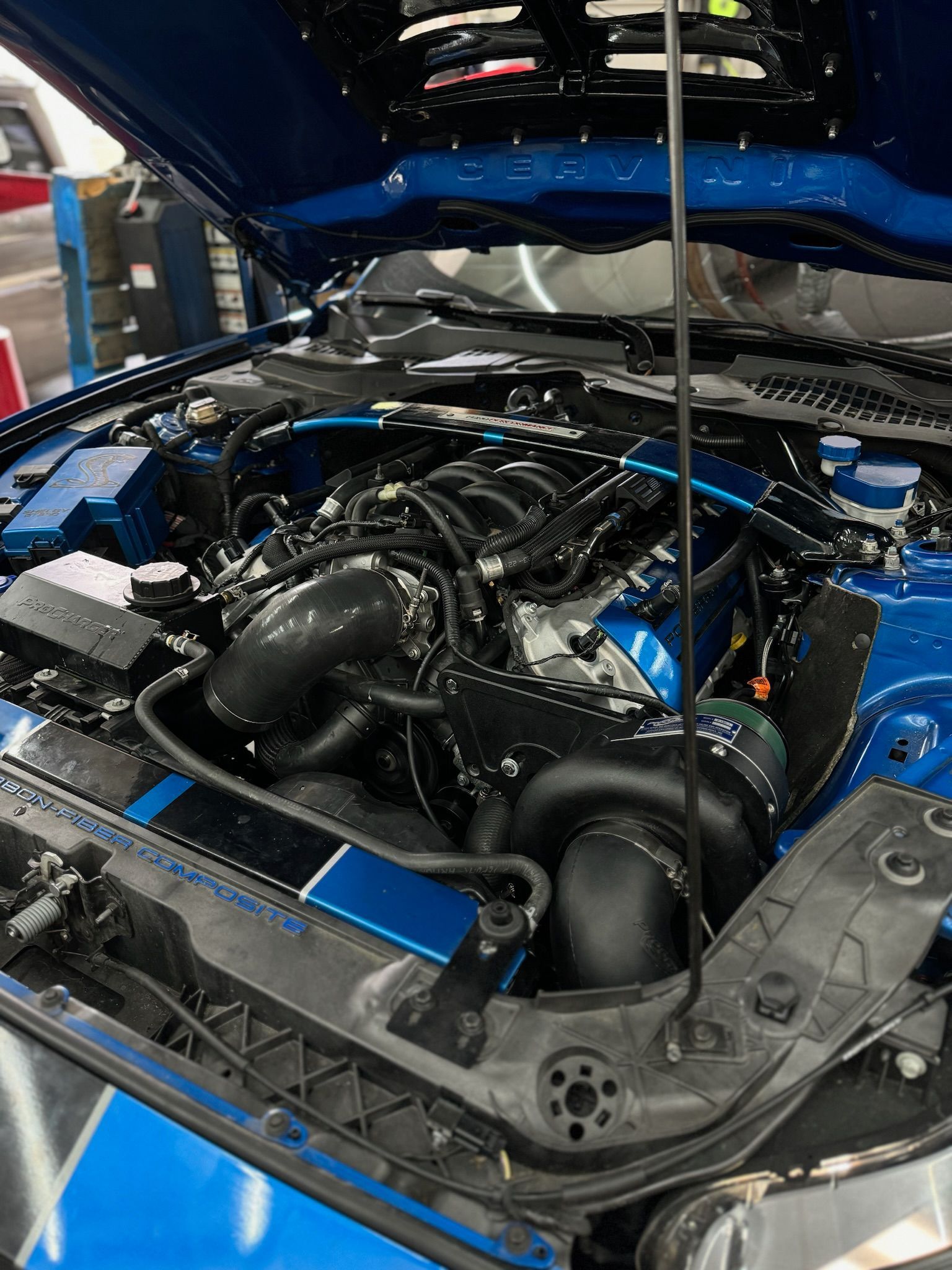 The engine of a blue mustang is shown with the hood open.