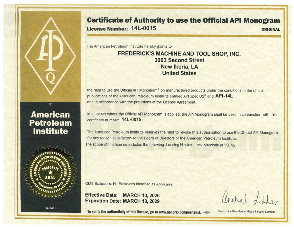 API Certification for 14L is for Locking Mandrel & Landing Nipples Equipment