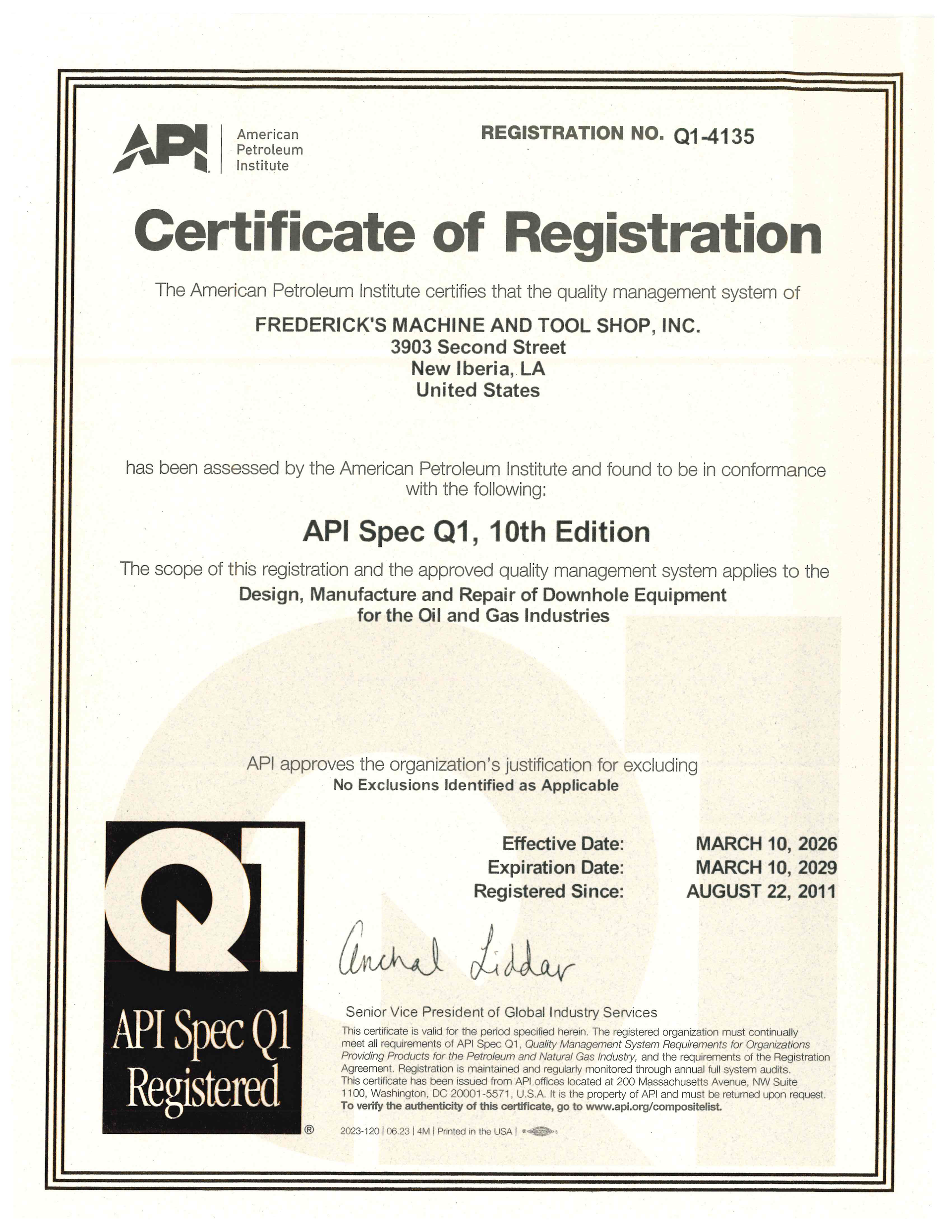 API Certification for Frederick’s Quality Management Program