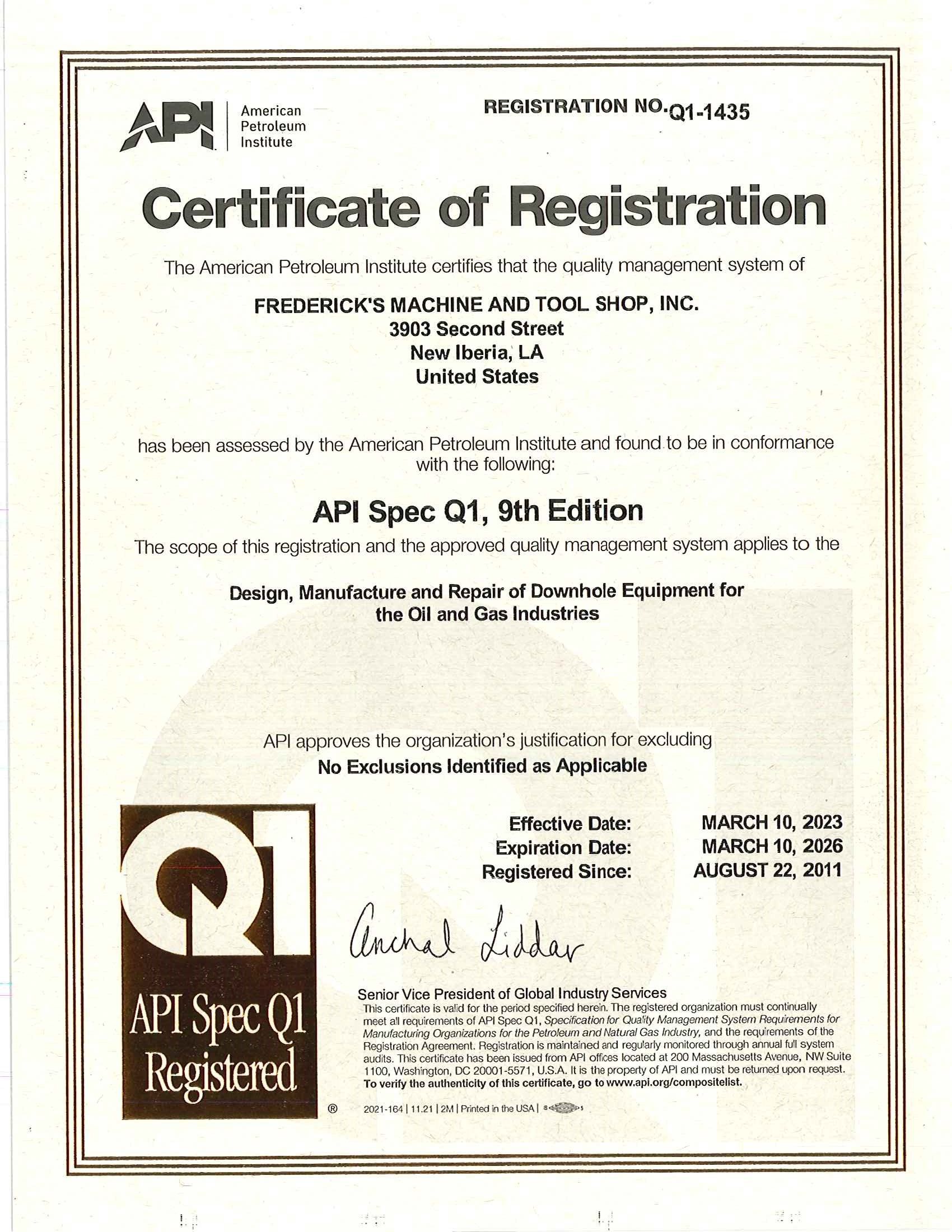 API Certification for Frederick’s Quality Management Program