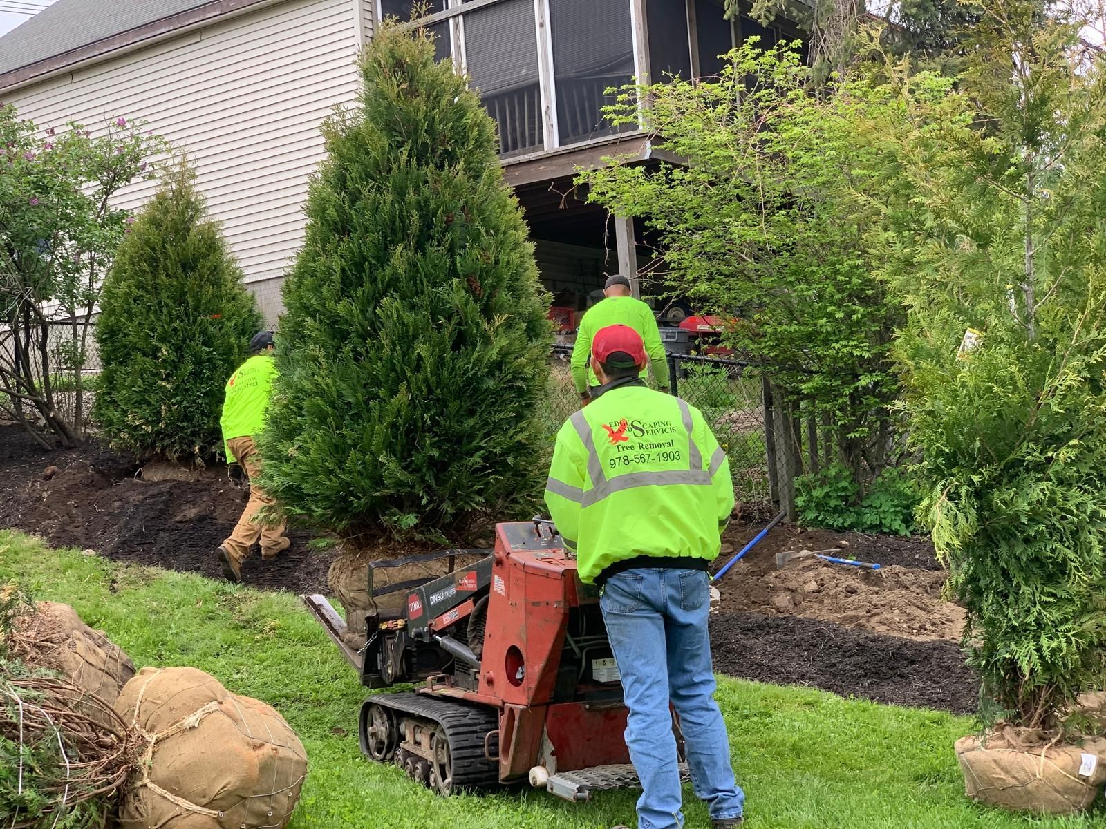 Landscapers planting trees with a small trencher on a sloped yard.